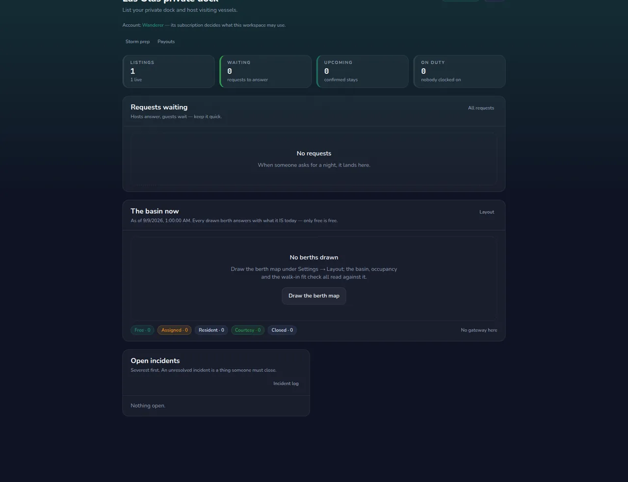 The private dock host dashboard with listings, waiting requests, upcoming stays and on-duty staff.