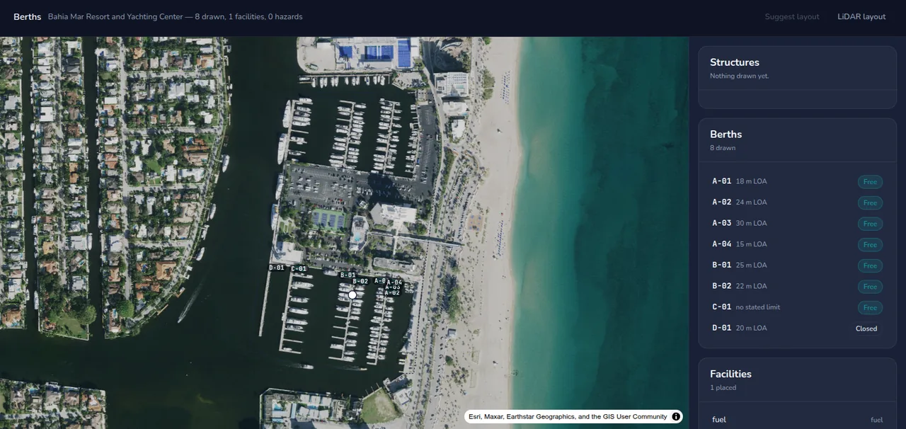 The Marina PMS berth layout editor over satellite imagery of the Bahia Mar basin, with each berth listed by length and availability.
