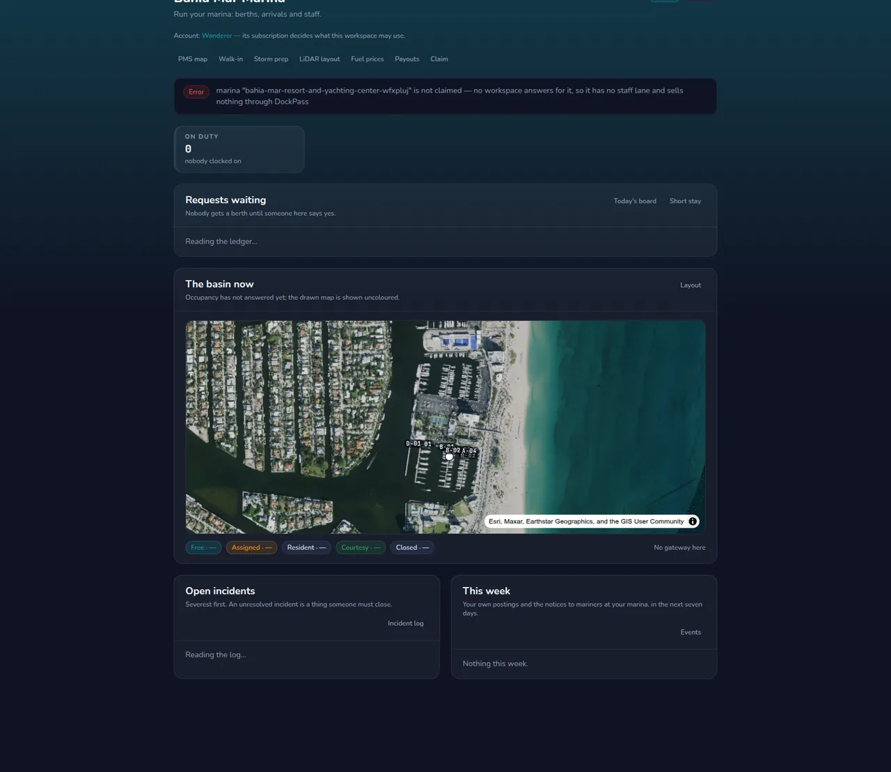 The Marina PMS Today dashboard showing who is on duty, requests waiting and basin occupancy.