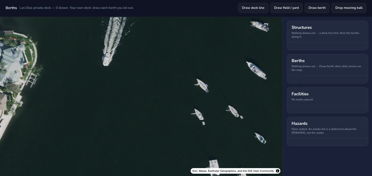 The private dock editor with tools to draw dock lines, fields, berths and mooring balls.