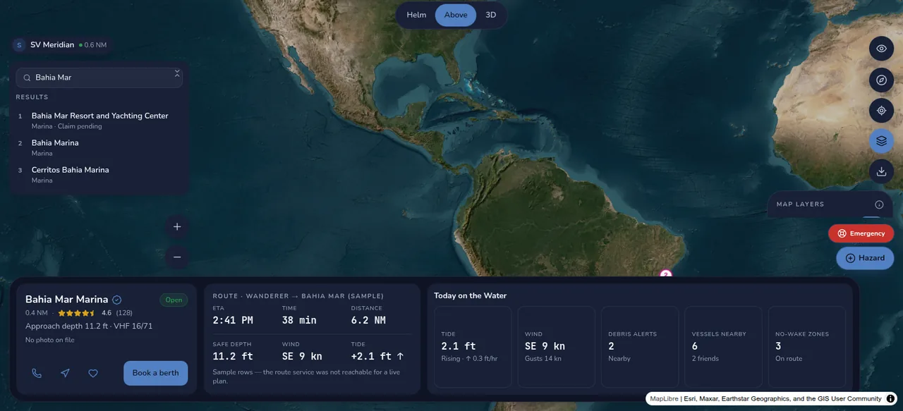 WaterWayz global satellite view with marina search results.