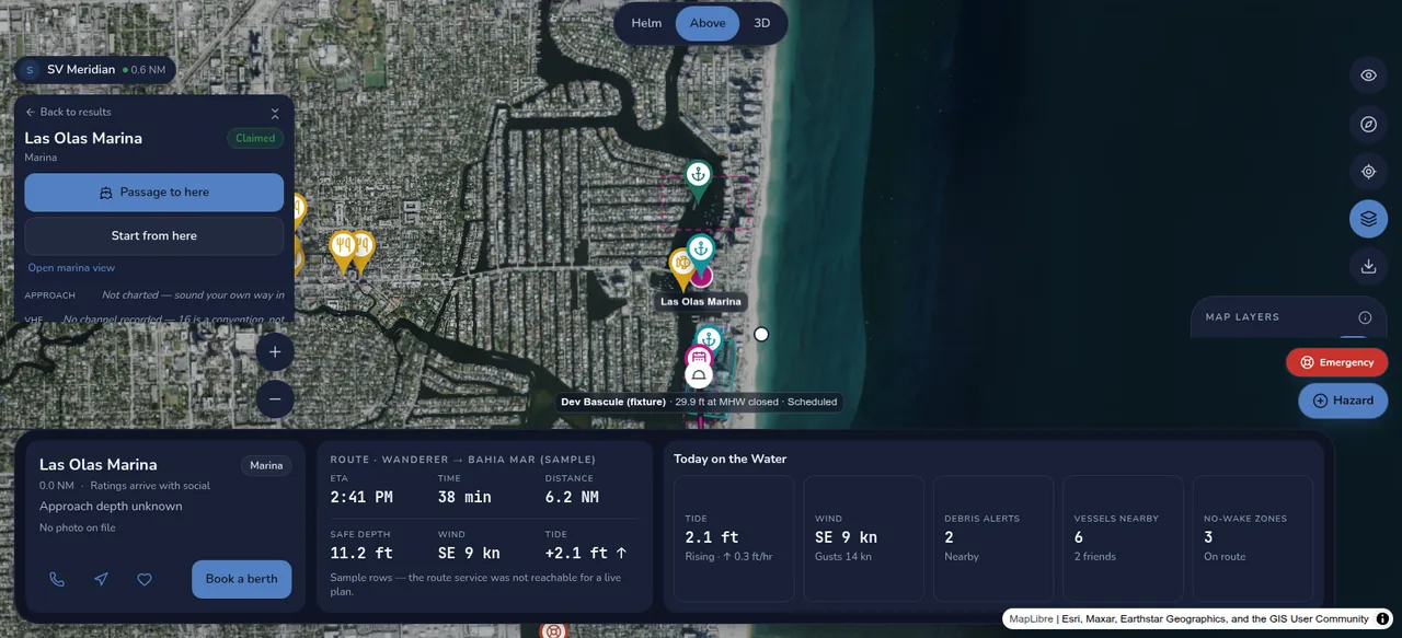 A WaterWayz marina card offering passage planning to and from Las Olas Marina.