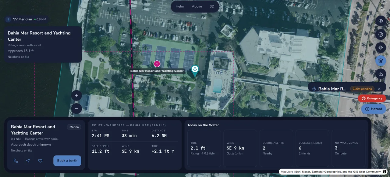WaterWayz satellite chart over Bahia Mar with a planned route, safe depth, wind and tide, and a berth booking panel.