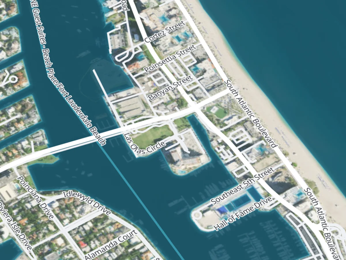 Satellite context of the Fort Lauderdale waterways; the linked LiDAR demonstration uses a separate Halifax Harbor dataset